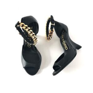 NEW Tom Ford Gold Chain Wedge Black Leather Heeled Sandals 37.5